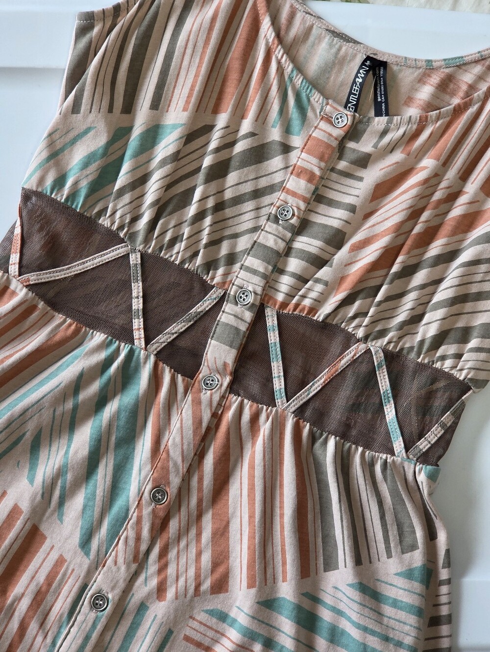 ​Gentle Fawn Earthy Colours Geometric Mesh Cut-Out Mini Dress Sz XS Boho Desert